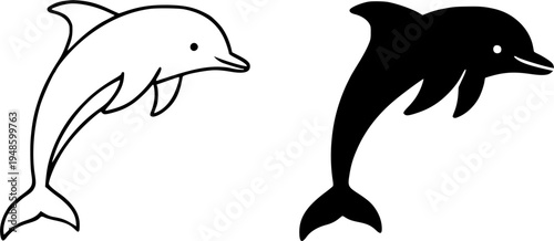 Dolphin illustration icon, outline and silhouette, for animal or marine life design