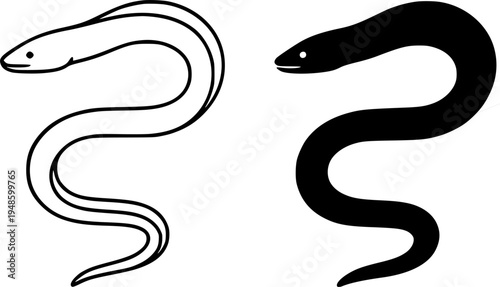 Eel illustration icon, outline and silhouette, for animal or wildlife design