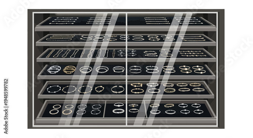 Jewelry Display Case with Rings and Bracelets.