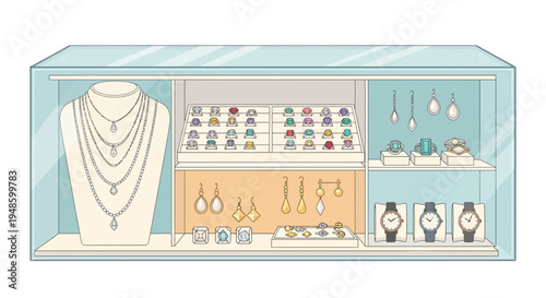 Jewelry store display case filled with necklaces earrings watches and rings.