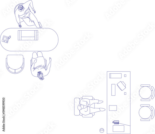Technical architectural plan view showing human figure scale drawings in various positions and activities including seated at desk, working and furniture layout arrangements.