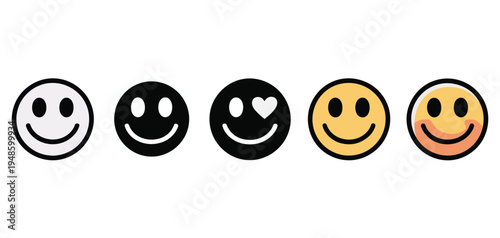 Collection of diverse smiley face icon vector illustrations showcasing various expressions and color styles for communication.