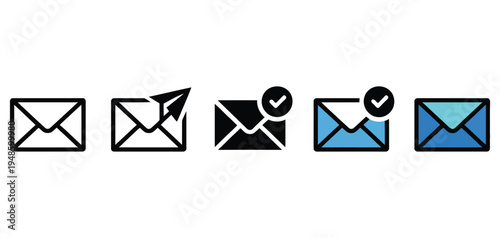 Envelope icon set demonstrating email status changes including sending, notification, and stylized confirmation vector graphics.