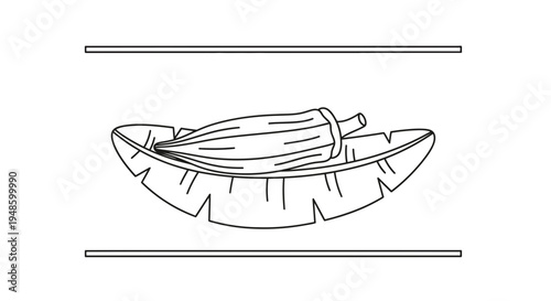 Okra pod on banana leaf, minimalist line art, healthy food illustration, simple design