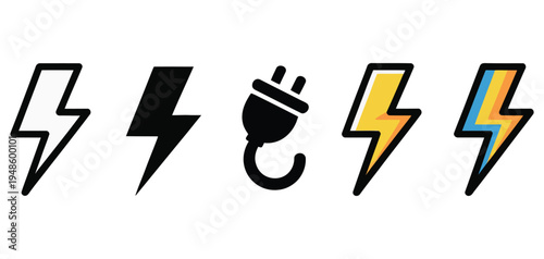 Electricity vector graphic illustration set displaying lightning bolt and power plug symbols for energy design