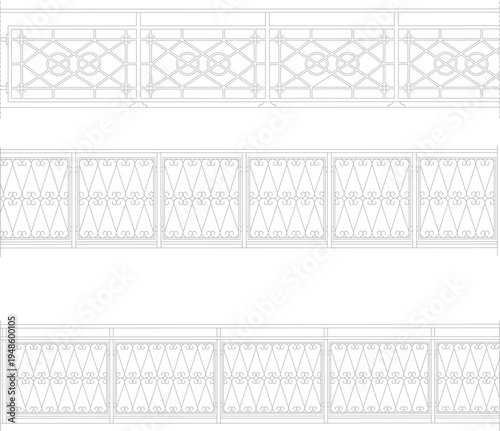 Technical architectural detail drawings showing three decorative railing designs with geometric diamond lattice patterns, interlocking circles and ornamental scrollwork elements.