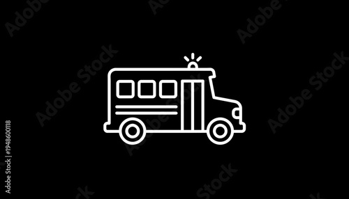 School Bus Icon, Emergency Vehicle, Transportation Symbol, White Line Art on Black Background