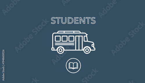 School Bus Icon with Open Book Symbol and Students Text - Education Concept