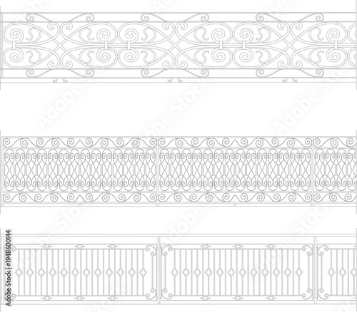 Technical architectural detail drawings showing three decorative railing designs with ornamental scrollwork, diamond lattice patterns and geometric baluster arrangements.