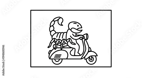 Scorpion riding a scooter, surreal, funny, cartoon style, black and white