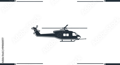 Silhouette of a dark blue helicopter in flight against a white background