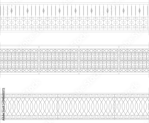 Technical architectural detail drawings showing three decorative railing and balustrade designs with ornamental patterns including vertical balusters, scrollwork panels and curved motifs.