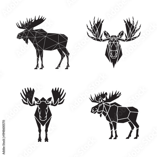 Minimal geometric moose silhouette with triangular polygon shapes, sharp angular antlers, modern low poly wildlife vector design