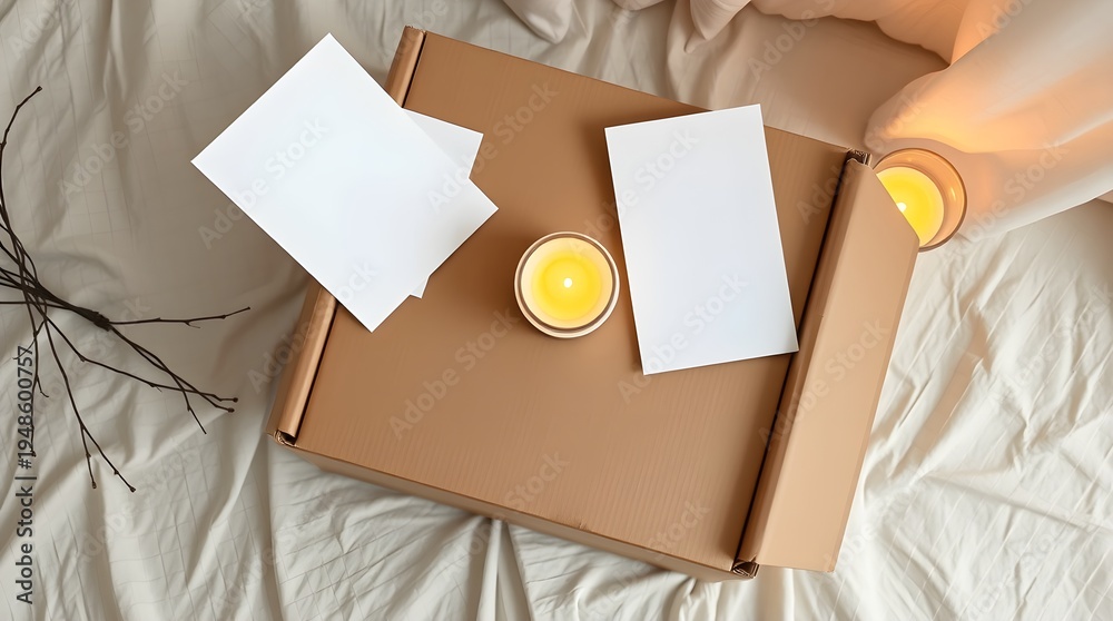 Fototapeta premium Cozy flatlay with candles, cards, and cardboard box
