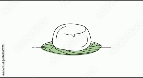 Minimalist illustration of a white panna cotta dessert on a green leaf plate