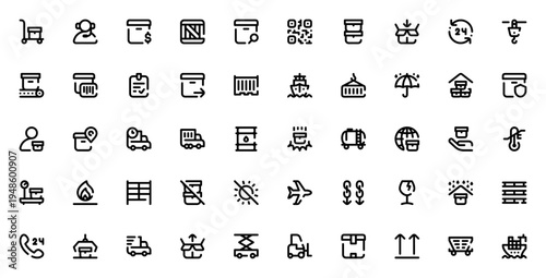 Logistics icon set. Vector symbols for delivery, tracking, cargo, packaging, truck, ship and more. Minimal thin line business collection.