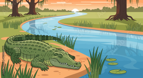 Cartoon Alligator Resting by Winding River at Sunset, Swamp Landscape