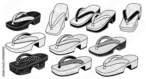 Collection of Japanese Geta Sandals, Traditional Footwear, Various Styles and Designs