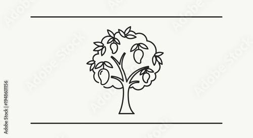 Mango Tree Icon Line Art Illustration - Ripe Fruits on Branches