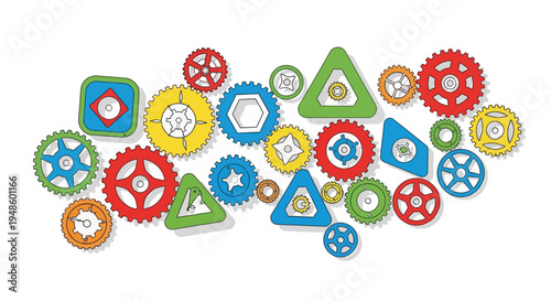 Colorful geometric gears and shapes, symbolizing teamwork, connection, and mechanical engineering.