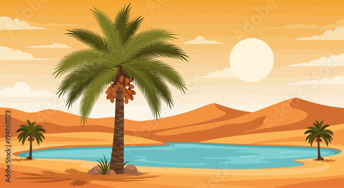 Desert Oasis with Palm Trees and Blue Water under a Bright Sun