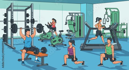 Diverse people exercising in a modern gym with various fitness equipment