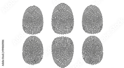 Fingerprint Patterns Set - Six Unique Identical Fingerprints on White Background