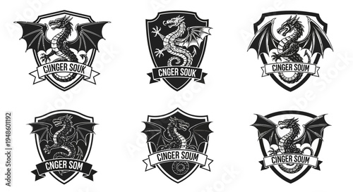 Dragon Crest Emblem Set: Vintage Heraldic Shields with Mythical Creature and Banner