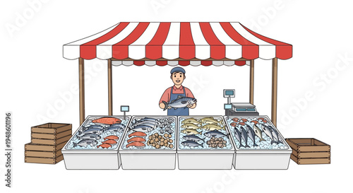 Fishmonger selling fresh seafood at outdoor market stall with ice displays