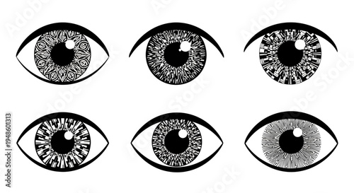 Set of Six Stylized Human Eyes with Intricate Iris Patterns, Black and White