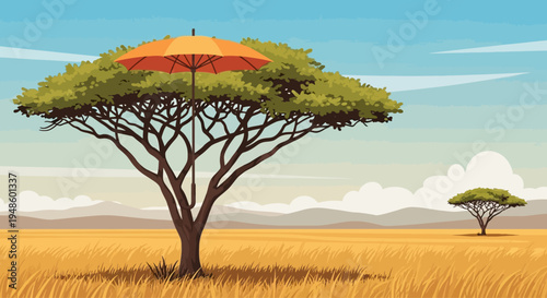 Surreal African Savanna Landscape with Umbrella on Acacia Tree