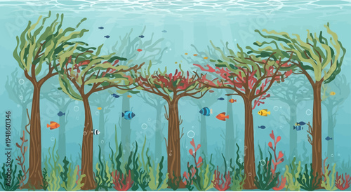 Underwater forest with colorful fish and seaweed, serene ocean ecosystem, sunlight rays