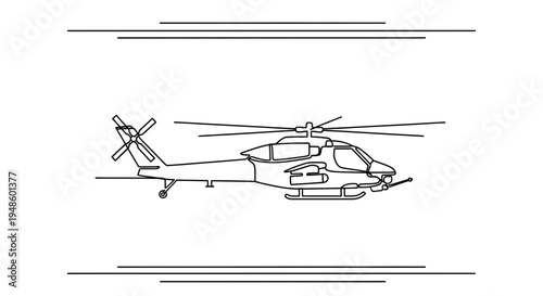 Helicopter outline drawing, military aircraft blueprint, aviation vector illustration