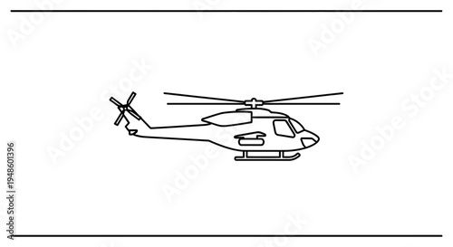 Helicopter outline, side view, isolated on white background, vector illustration