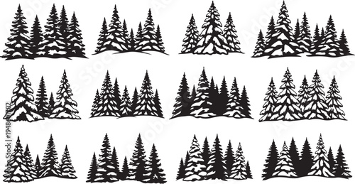 Snowy Pine Tree Forest Silhouette Vector Graphics Collection