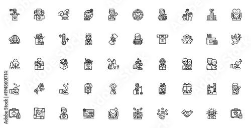 Non Governmental Organization icon set. Volunteer, charity, donation, support vector icons. Includes community, medical aid, environment, family and more. Editable stroke.