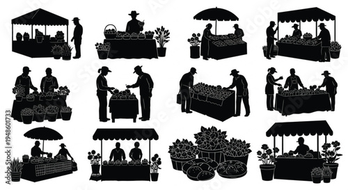 Farmers Market Vendor Stalls Silhouette Set with People Selling Fresh Produce