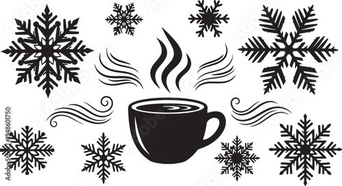Steaming cup of coffee surrounded by snowflakes in winter