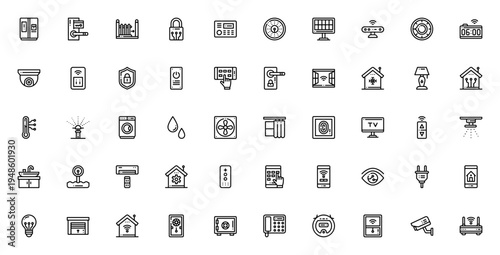Smart Home icon set. Vector illustration pack. Includes symbols for security, appliances, automation, control, devices and more. Editable stroke.
