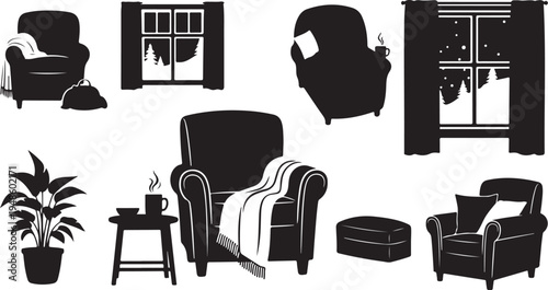Silhouette of living room furniture and decor elements set