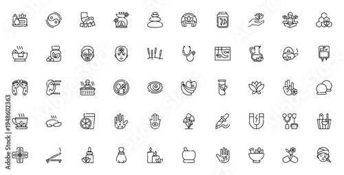 Alternative Medicine icon set. Vector symbols for yoga, acupuncture, aromatherapy, herbal therapy, massage and more. Minimal line icons collection.