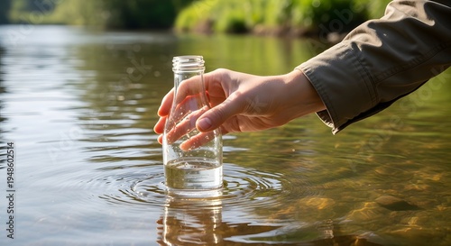 Environmentalist Collecting River Water Sample in Glass Jar for Quality Testing