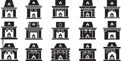 Various Fireplace Designs in Black and White Illustrations