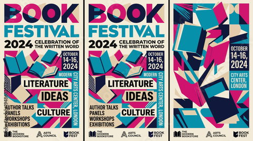 Modern Abstract Book Poster Design with Geometric Typography for Book Festival Event