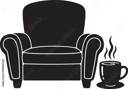 Simple black armchair with steaming cup of coffee illustration