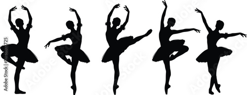 Bild auf Leinwand Collection of five black silhouettes of graceful ballet dancers performing vario
