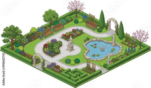 Enchanting Isometric Garden Landscape with Blooming Flowers, Sculptures, and Water Features, Evoking Serenity
