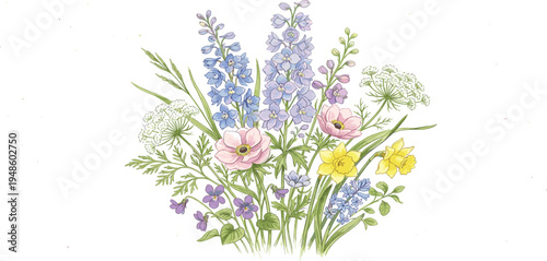 Watercolor spring bouquet, hand-painted. Features daffodils, delphiniums, and wildflowers, capturing nature's fresh bloom and renewal with artistic charm