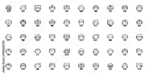 Jobs and Professions icon set. Vector occupation symbols pack. Includes diver, soldier, police, engineer, astronaut, doctor, teacher and more. Editable thin line icons.