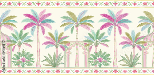 Tropical palm trees with ornate archways and floral border in a charming pastel color palette
